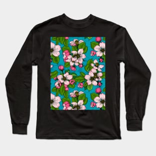Apple blossom on turquoise Long Sleeve T-Shirt
